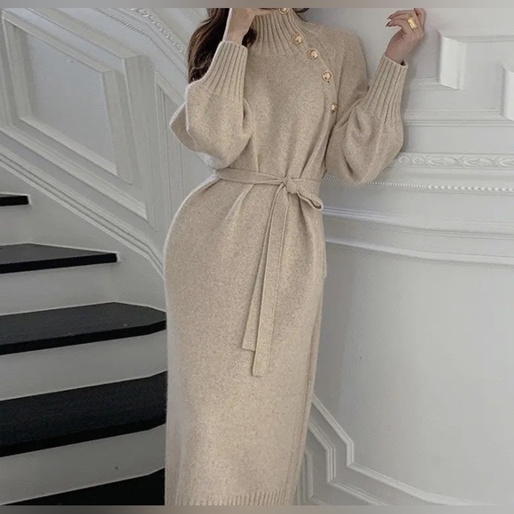 Black Solid Color Long Over-The-Knee Sweater Dress - Picture 5 of 5